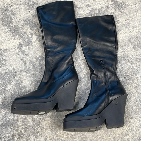 New Giaborghini Texan Knee High Western Boot Leather Stacked Platform Black 39 - Picture 5 of 16
